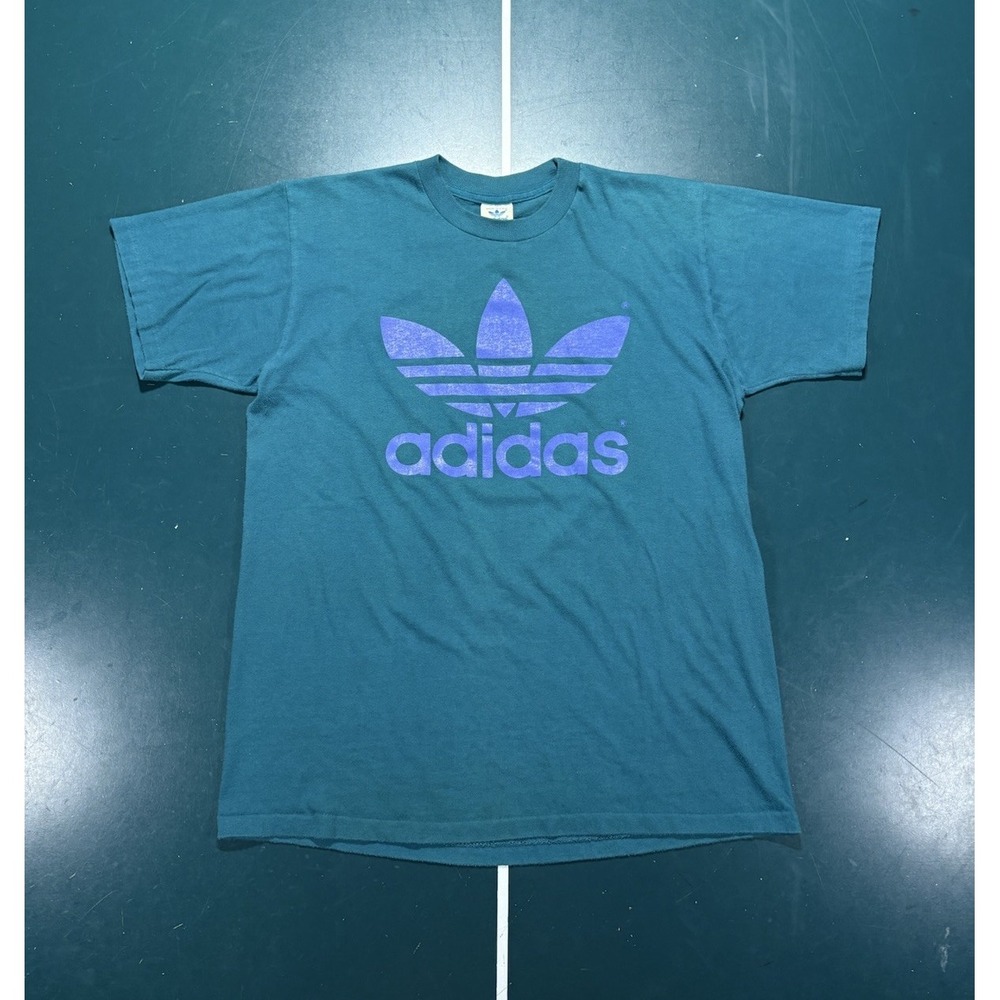 Vintage 80s Adidas Trefoil T Shirt Medium Teal Purple Made In USA Single Stitch